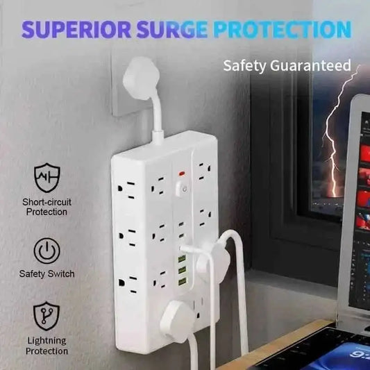 White power strip with wall plug, multi sockets, and USB ports for surge protection