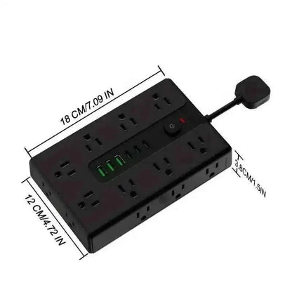 Black power strip with multi outlets and USB ports, side view with size markings