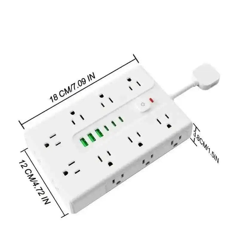 White power strip with multi outlets and USB ports, top view with size markings