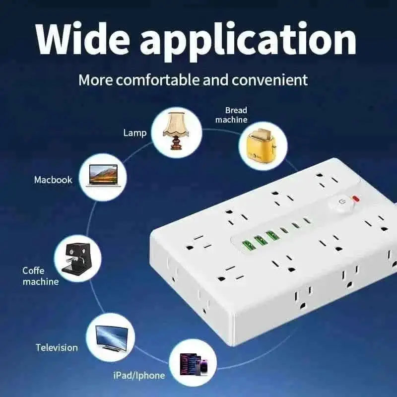 White power strip showing top outlets and USB ports with a wide compact design
