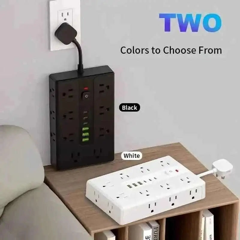 Power strip in black and white with wall plug, multi sockets, and USB ports