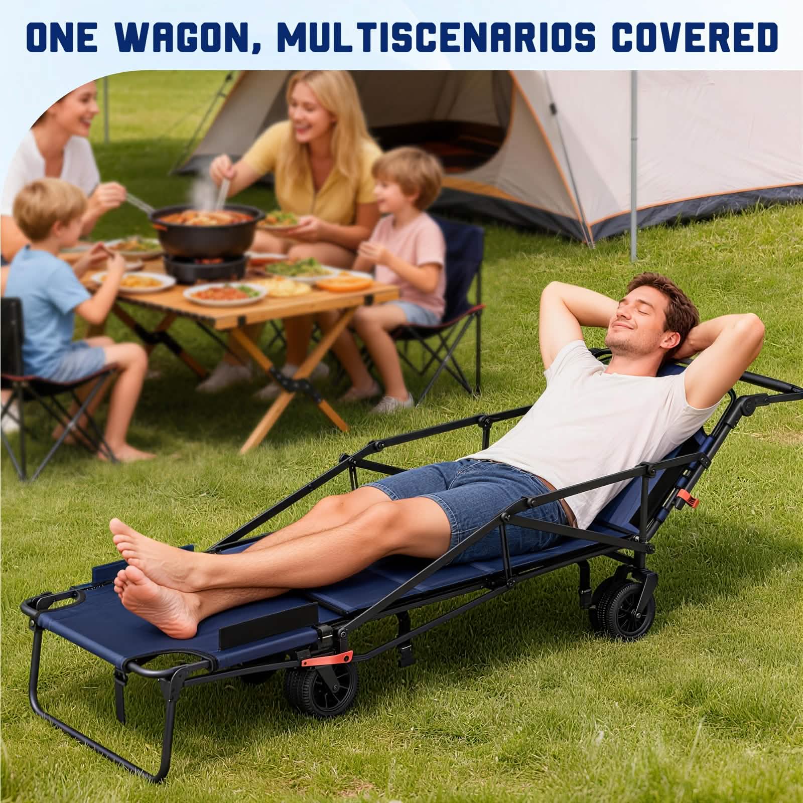 Reclining wagon cart chair with footrest, padded seat, and four caster wheels