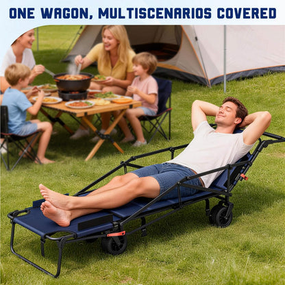 Reclining wagon cart chair with footrest, padded seat, and four caster wheels