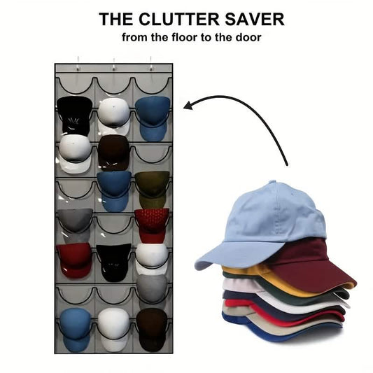 Hanging hat organizer with 24 pockets and several hats displayed on the door