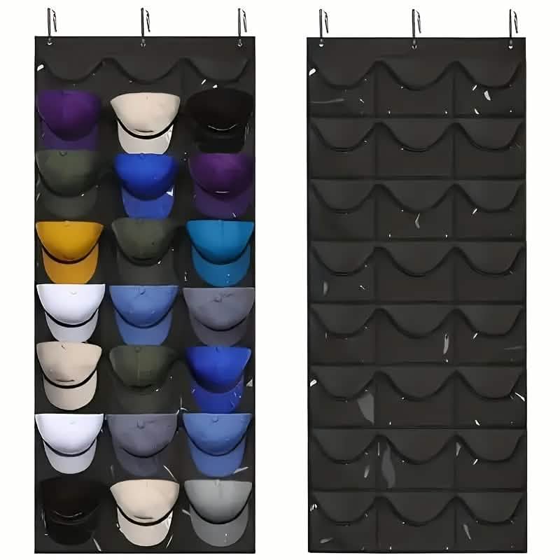 Black hanging hat organizer with 24 pockets filled with assorted hats