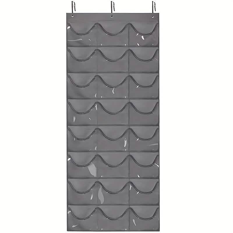 Gray hanging hat organizer with 24 scalloped pockets and top hanging hooks