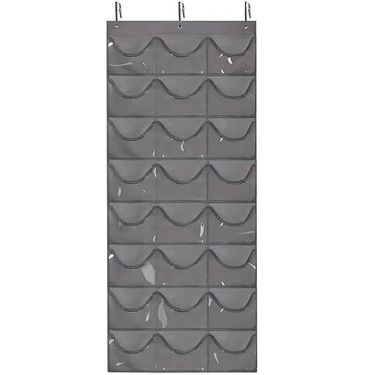 Gray hanging hat organizer with 24 scalloped pockets and top hanging hooks