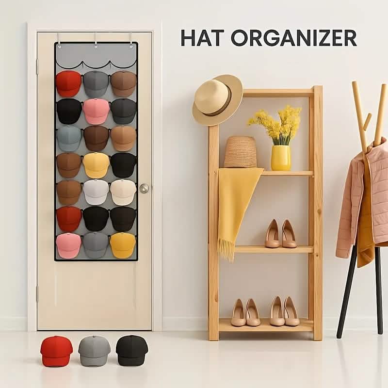 Hanging hat organizer with 24 pockets shown on a door with assorted hats
