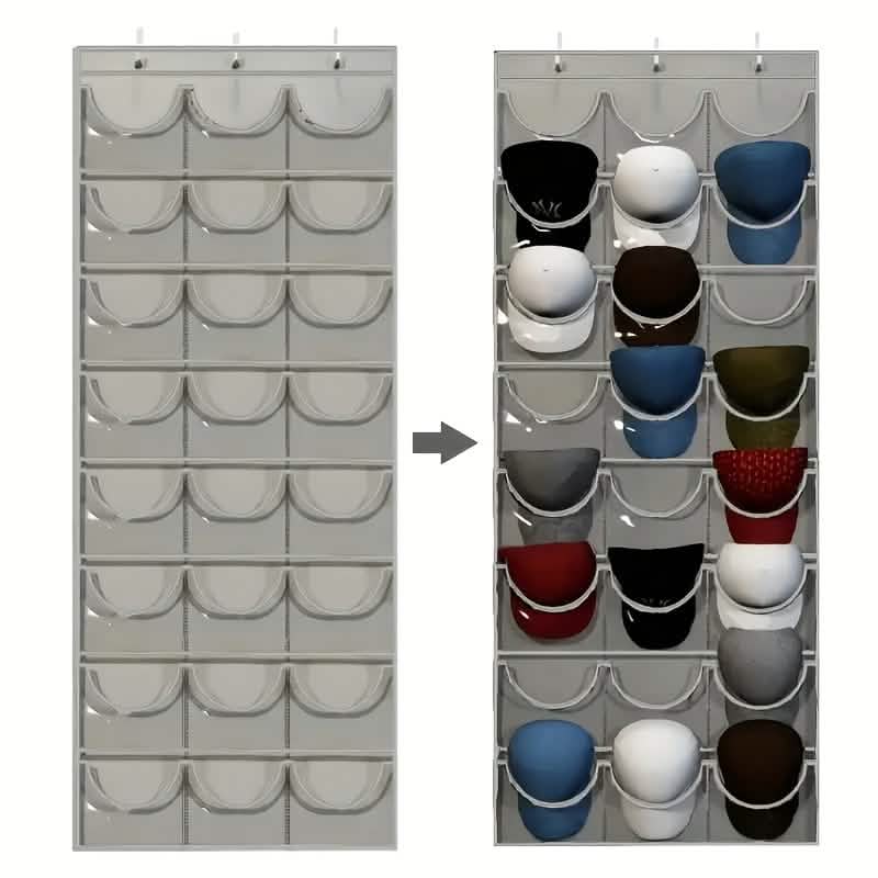 Gray hanging hat organizer with 24 pockets, shown empty and filled with hats