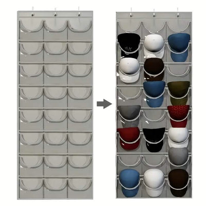 Gray hanging hat organizer with 24 pockets, shown empty and filled with hats