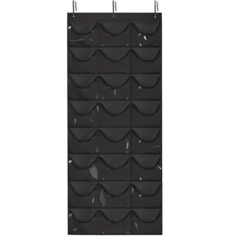 Black hanging hat organizer with 24 scalloped pockets and top hanging hooks