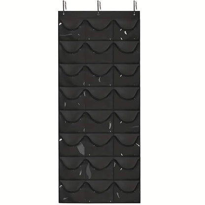 Black hanging hat organizer with 24 scalloped pockets and top hanging hooks