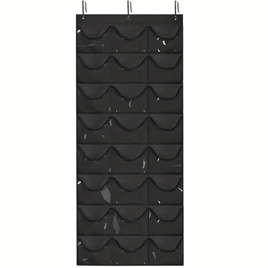 Black hanging hat organizer with 24 scalloped pockets and top hanging hooks