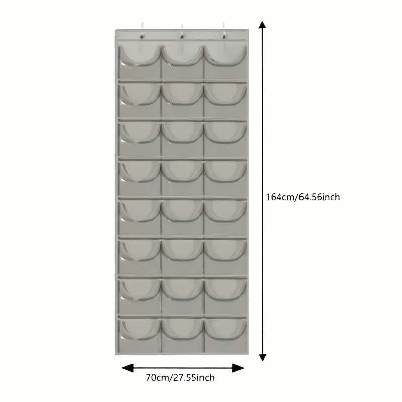 Gray hanging hat organizer with 24 pockets shown with size measurements