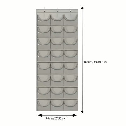 Gray hanging hat organizer with 24 pockets shown with size measurements