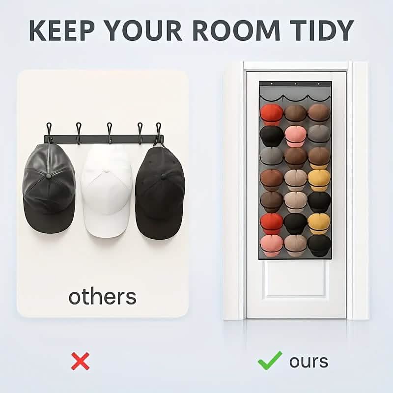 Hanging hat organizer with 24 pockets on a door for storing caps and hats