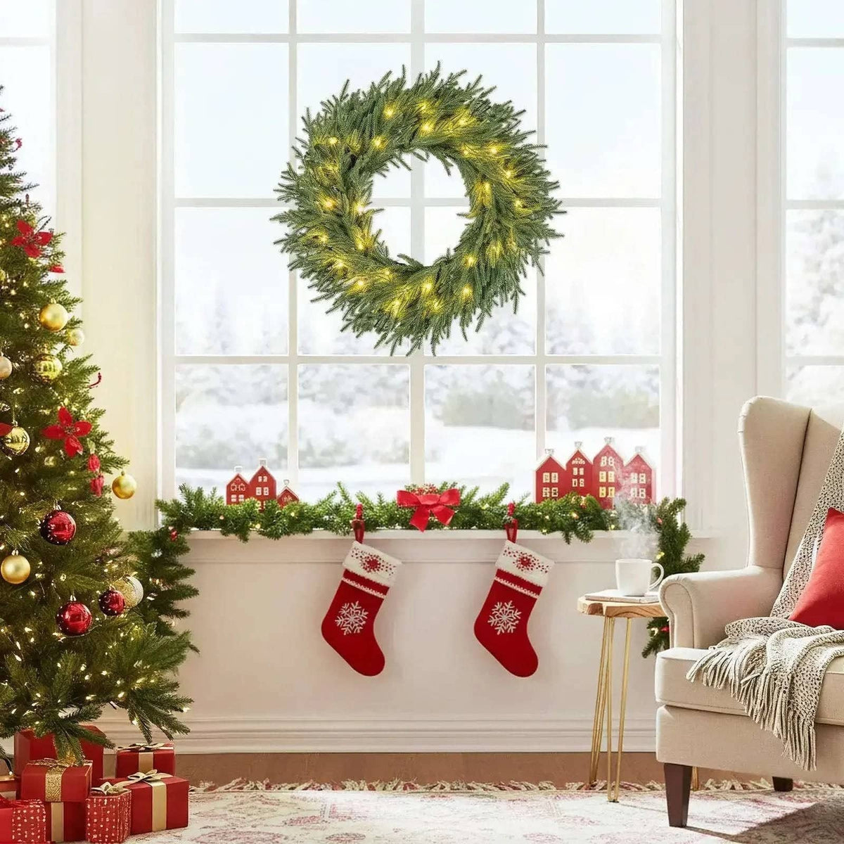 24 Inch Pre-lit Christmas Wreath with 108 Branch Tips and 35 Warm White LED Lights for Wall Window Cartsfy Inc.
