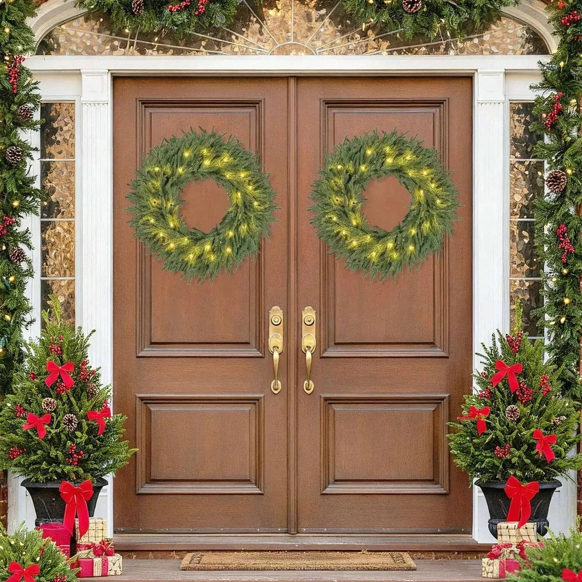 24 Inch Pre-lit Christmas Wreath with 108 Branch Tips and 35 Warm White LED Lights for Wall Window Cartsfy Inc.