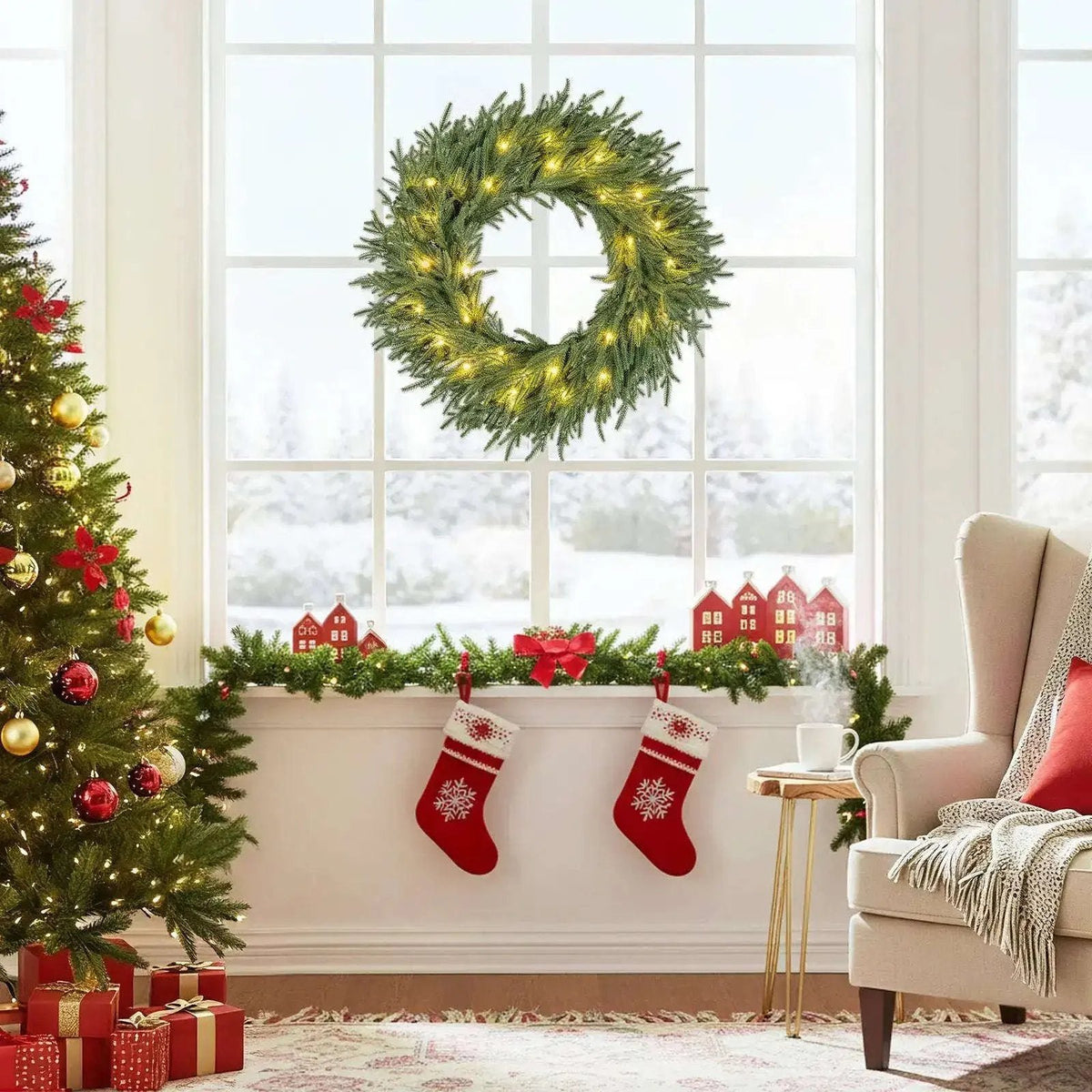 24 Inch Pre-lit Christmas Wreath with 108 Branch Tips and 35 Warm White LED Lights for Wall Window Cartsfy Inc.