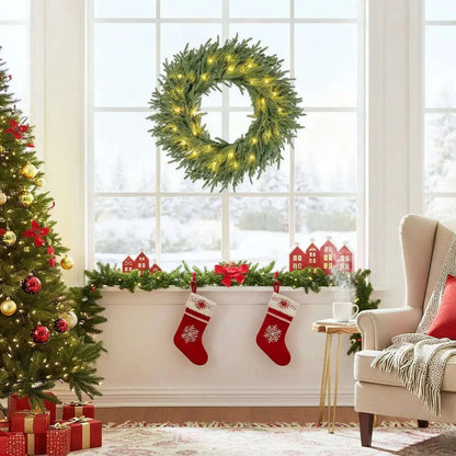 24 Inch Pre-lit Christmas Wreath with 108 Branch Tips and 35 Warm White LED Lights for Wall Window Cartsfy Inc.