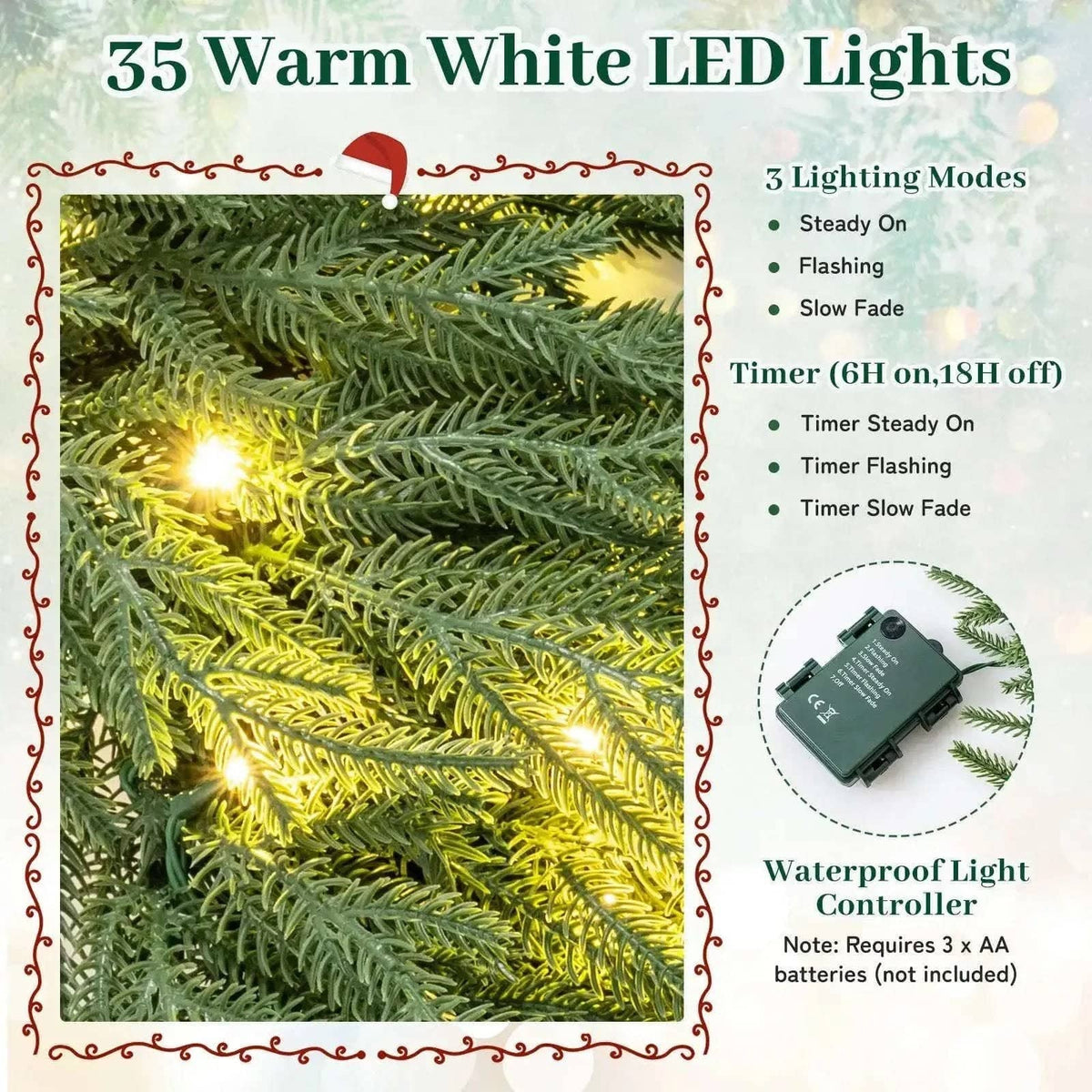 24 Inch Pre-lit Christmas Wreath with 108 Branch Tips and 35 Warm White LED Lights for Wall Window Cartsfy Inc.