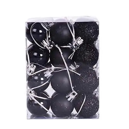 Black Christmas ball set in clear box, glossy and glitter spheres with silver caps