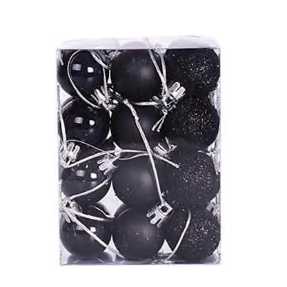 Black Christmas ball set in clear box, glossy and glitter spheres with silver caps