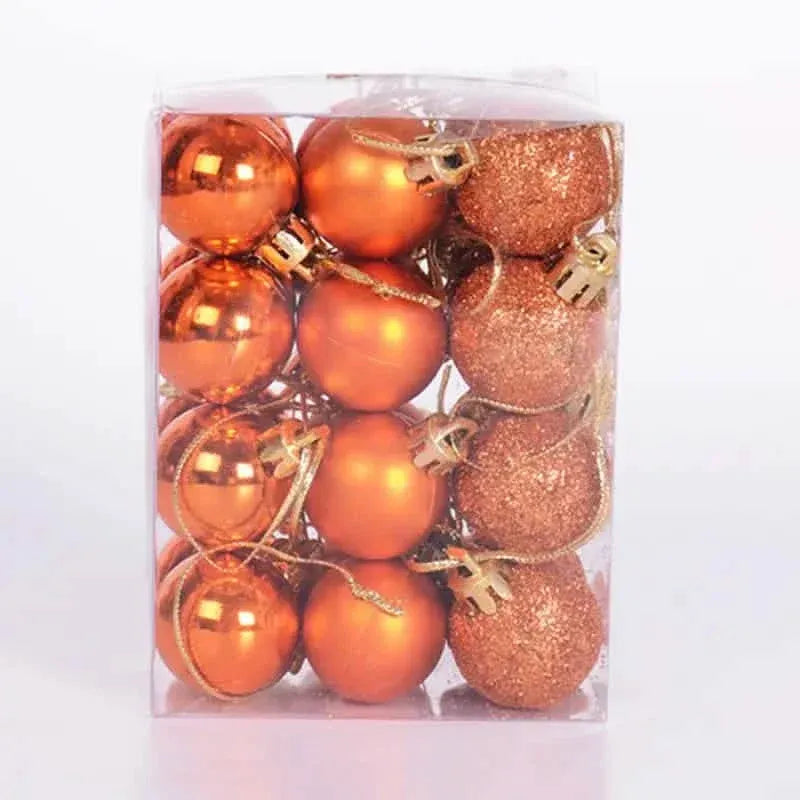 Orange Christmas ball set in clear box, glossy and glitter spheres with hanging caps