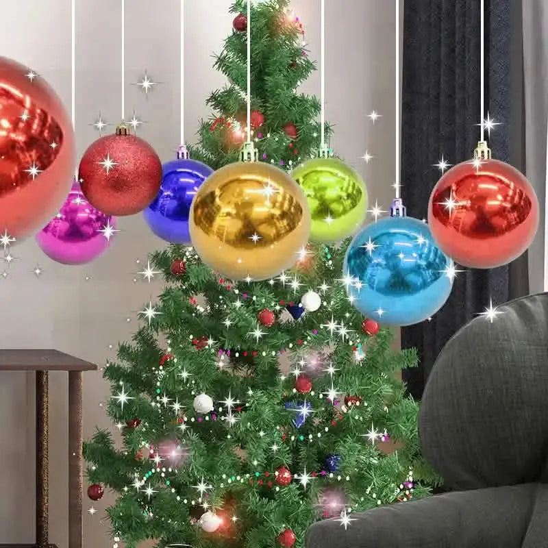 Christmas tree with hanging sparkling baubles in red, gold, blue, green, and purple