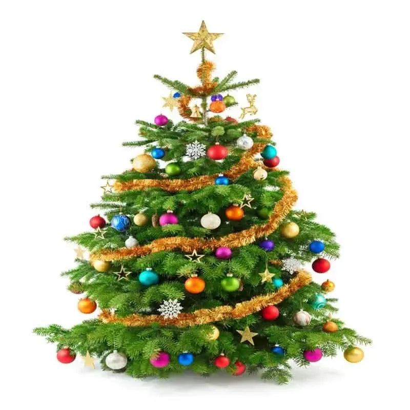 Christmas tree decorated with colorful sparkling ball ornaments and star topper