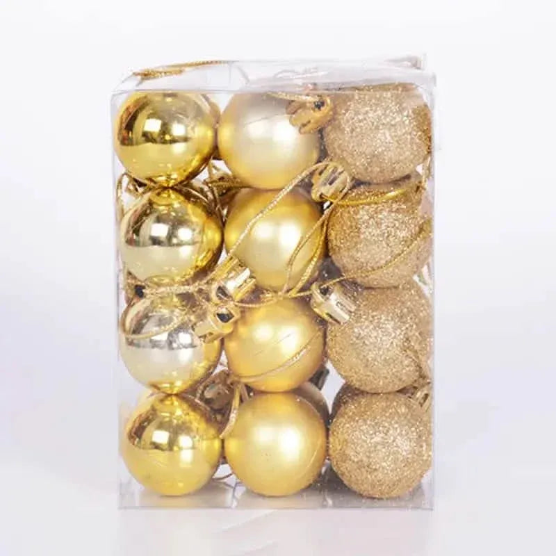 Gold Christmas ball set in clear box, glossy balls and gold glitter spheres