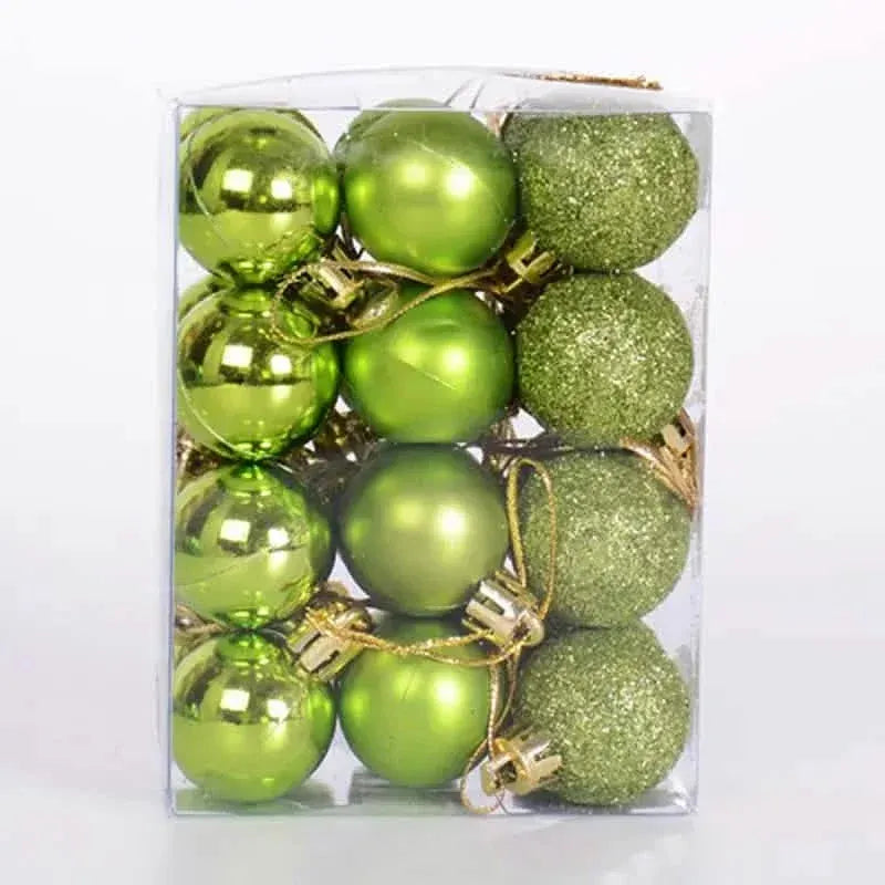 Green Christmas ball set in clear box, glossy balls with textured glitter spheres