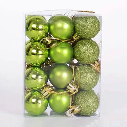 Green Christmas ball set in clear box, glossy balls with textured glitter spheres