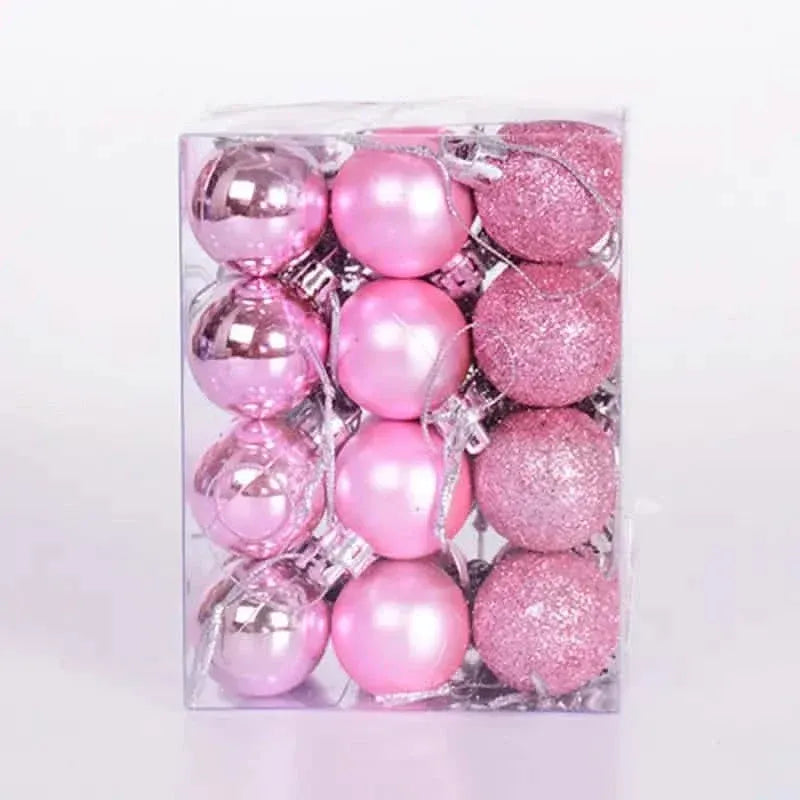 Pink Christmas ball set in clear box, glossy and glitter spheres
