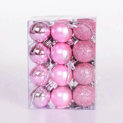 Pink Christmas ball set in clear box, glossy and glitter spheres