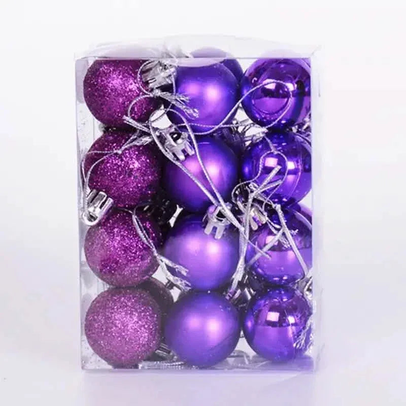 Purple and blue Christmas ball set in clear box, glossy and glitter spheres