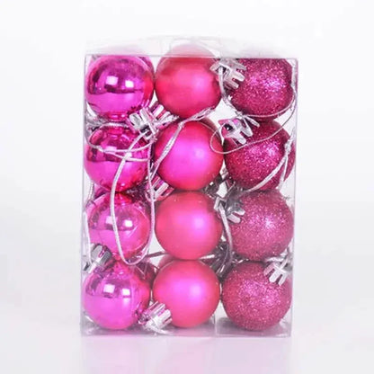 Pink Christmas ball set in clear box, glossy balls with glitter accents