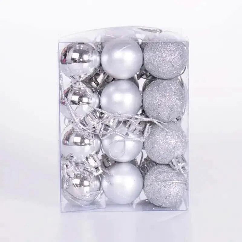 Silver and white Christmas ball set in clear box, shiny and glitter finish