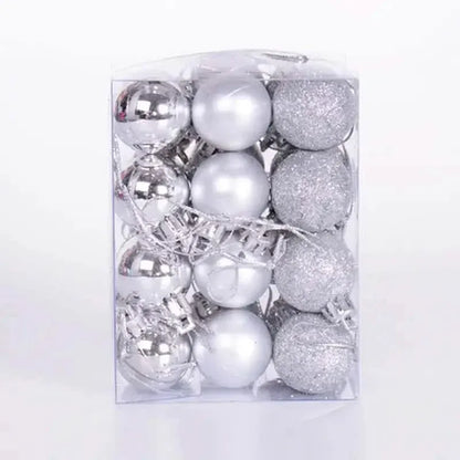 Silver and white Christmas ball set in clear box, shiny and glitter finish