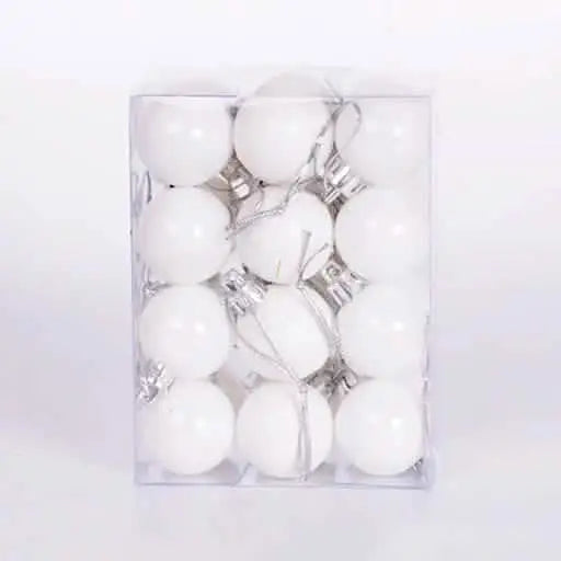 White Christmas ball set in clear box, glossy spheres with hanging caps