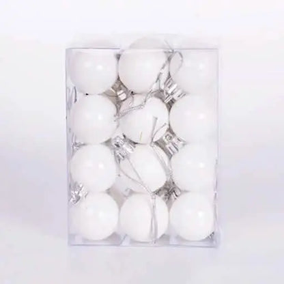 White Christmas ball set in clear box, glossy spheres with hanging caps