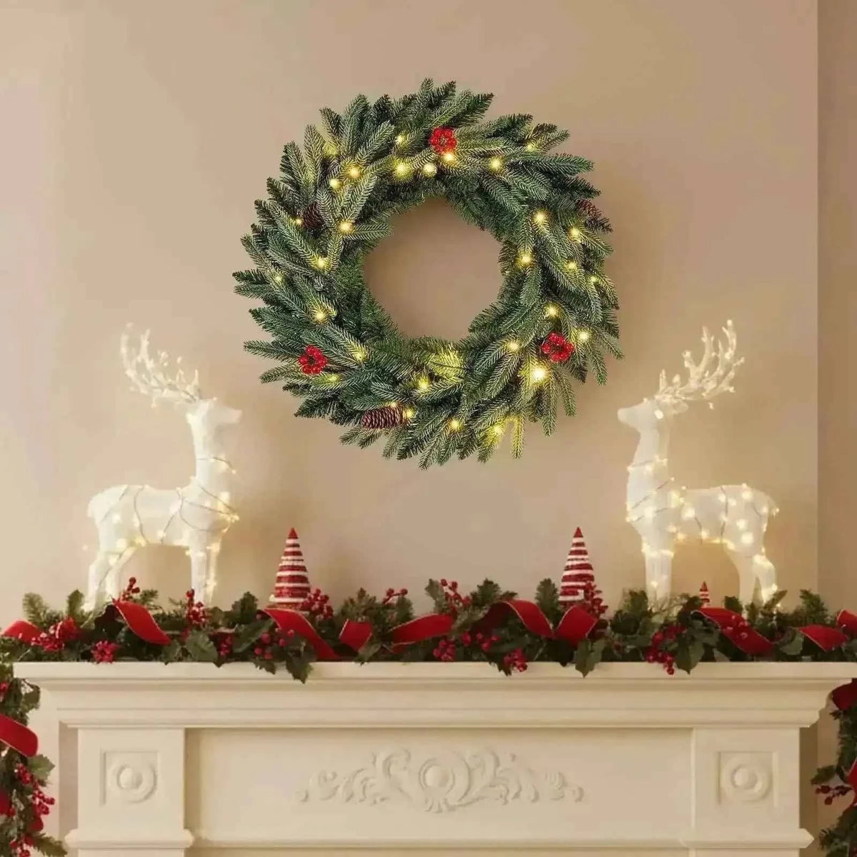 24" Pre-lit Christmas Wreath for Holiday Decor with LED Lights