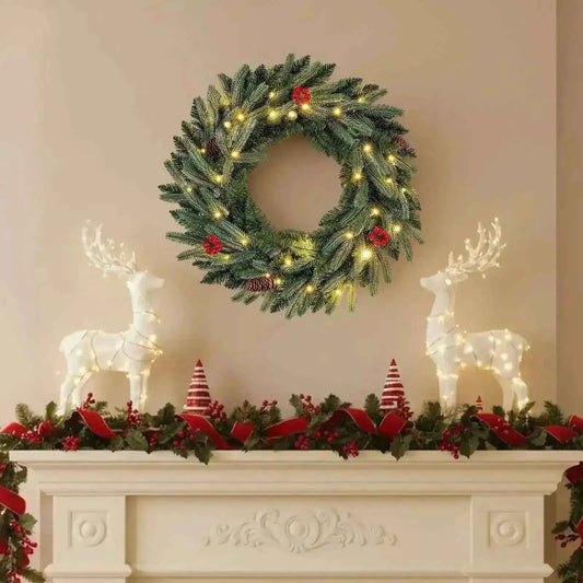 24‚Äù Pre-lit Christmas Wreath Front Door Artificial Xmas Wreath with 90 Frosted Branch Tips