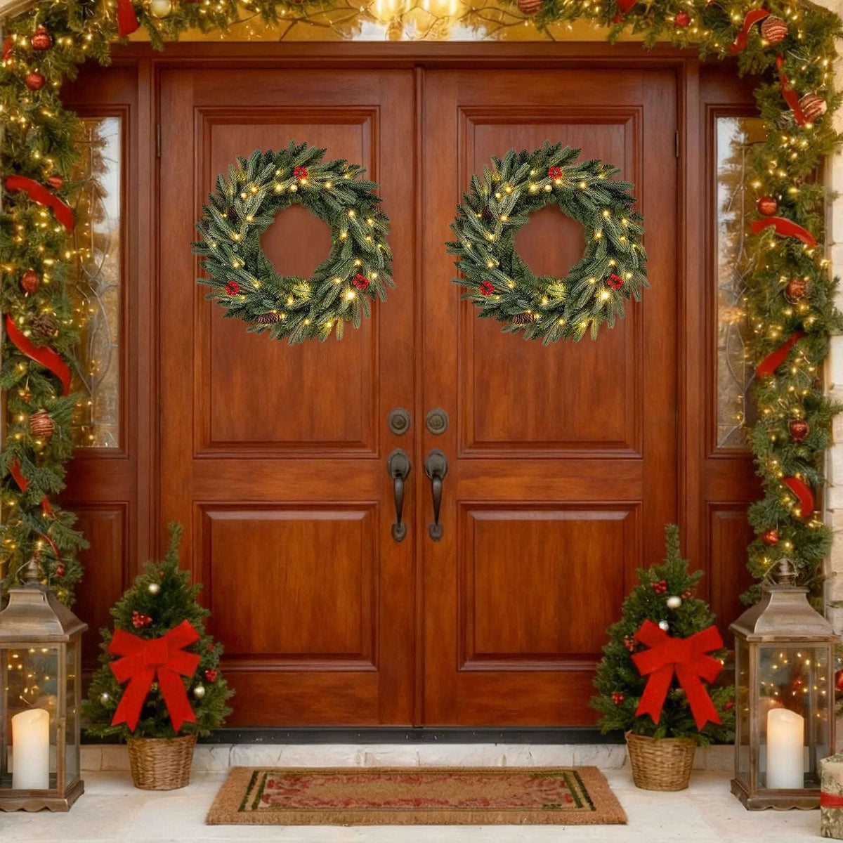24‚Äù Pre-lit Christmas Wreath Set of 2 Front Door Artificial Xmas Wreath with 90 Frosted Branch Tips Cartsfy Inc.