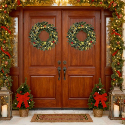 24‚Äù Pre-lit Christmas Wreath Set of 2 Front Door Artificial Xmas Wreath with 90 Frosted Branch Tips Cartsfy Inc.