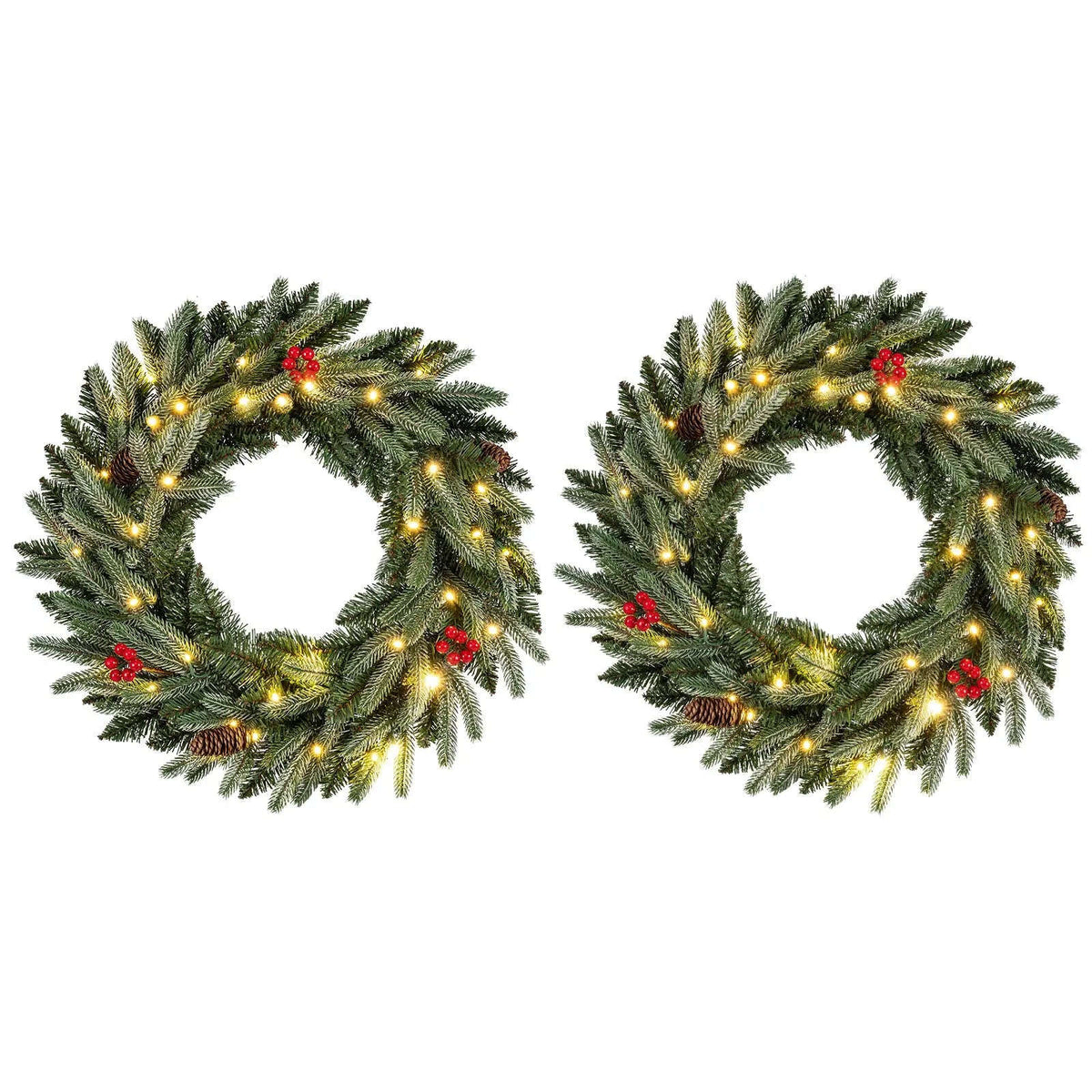 24‚Äù Pre-lit Christmas Wreath Set of 2 Front Door Artificial Xmas Wreath with 90 Frosted Branch Tips Cartsfy Inc.