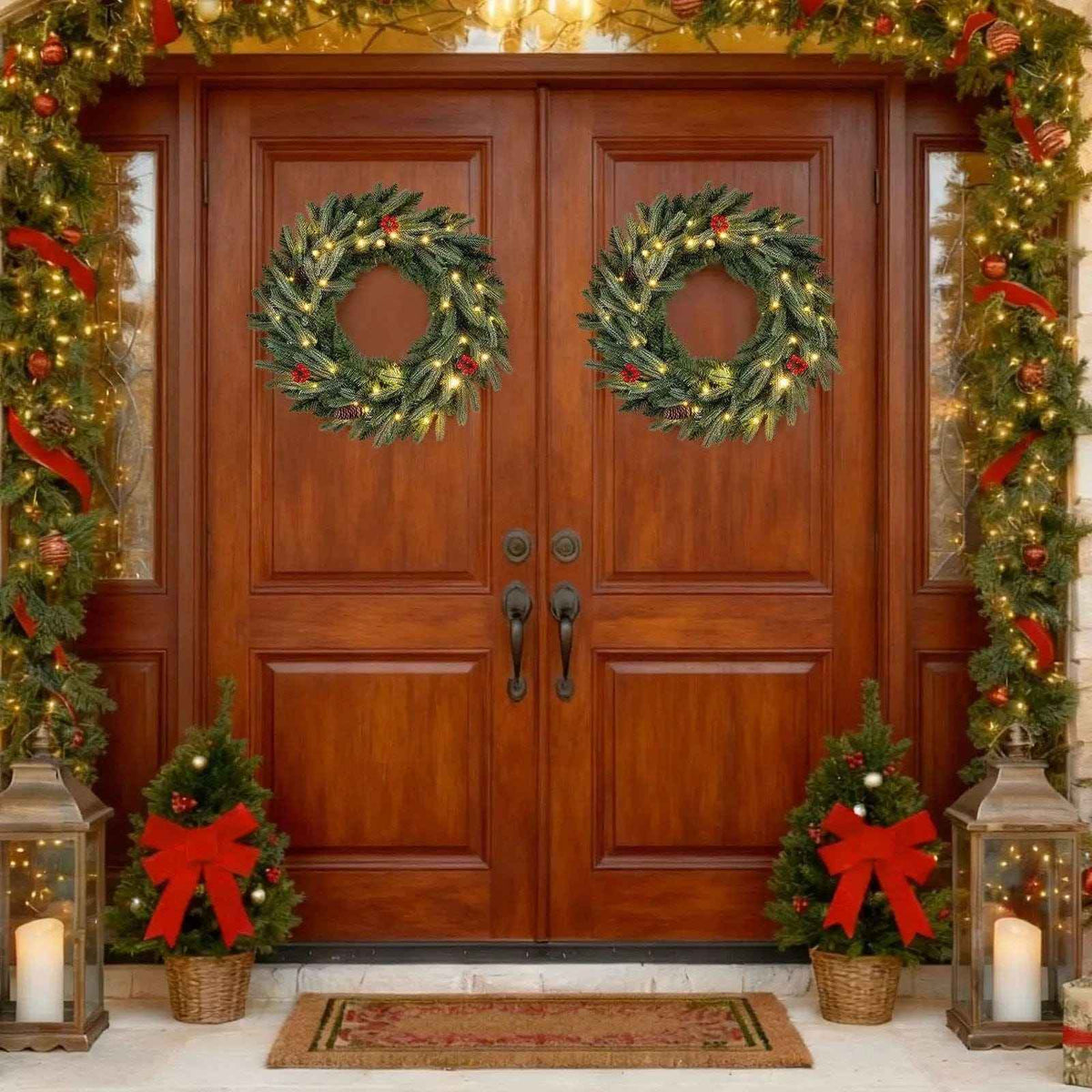 24" Pre-lit Christmas Wreath Set with 90 Frosted Tips