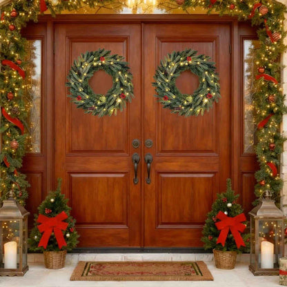 24" Pre-lit Christmas Wreath Set with 90 Frosted Tips