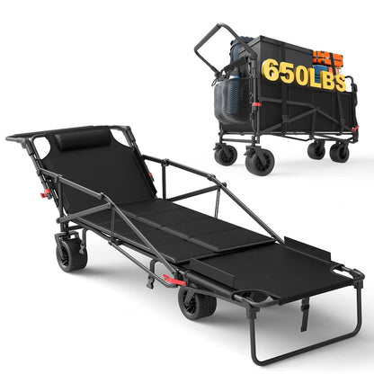 Folding wagon cart chair with dark fabric seat, side panels, and four caster wheels
