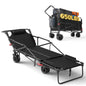 Folding wagon cart chair with dark fabric seat, side panels, and four caster wheels